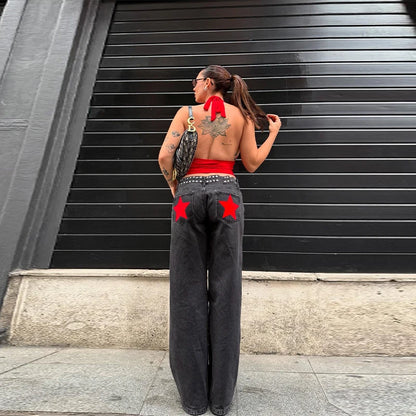 Classic Studded Denim Jeans Pant Women's Star Patchwork Baggy Pants Wide Leg  Trendy Streetwear Casual Daily Female Trousers