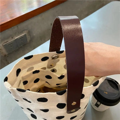 Simple Wave Point Polka Dot Canvas Bucket Bag Korean Style Large Capacity Handbag Lunch Bag Tote Bag Mummy Bag Shopping Bags