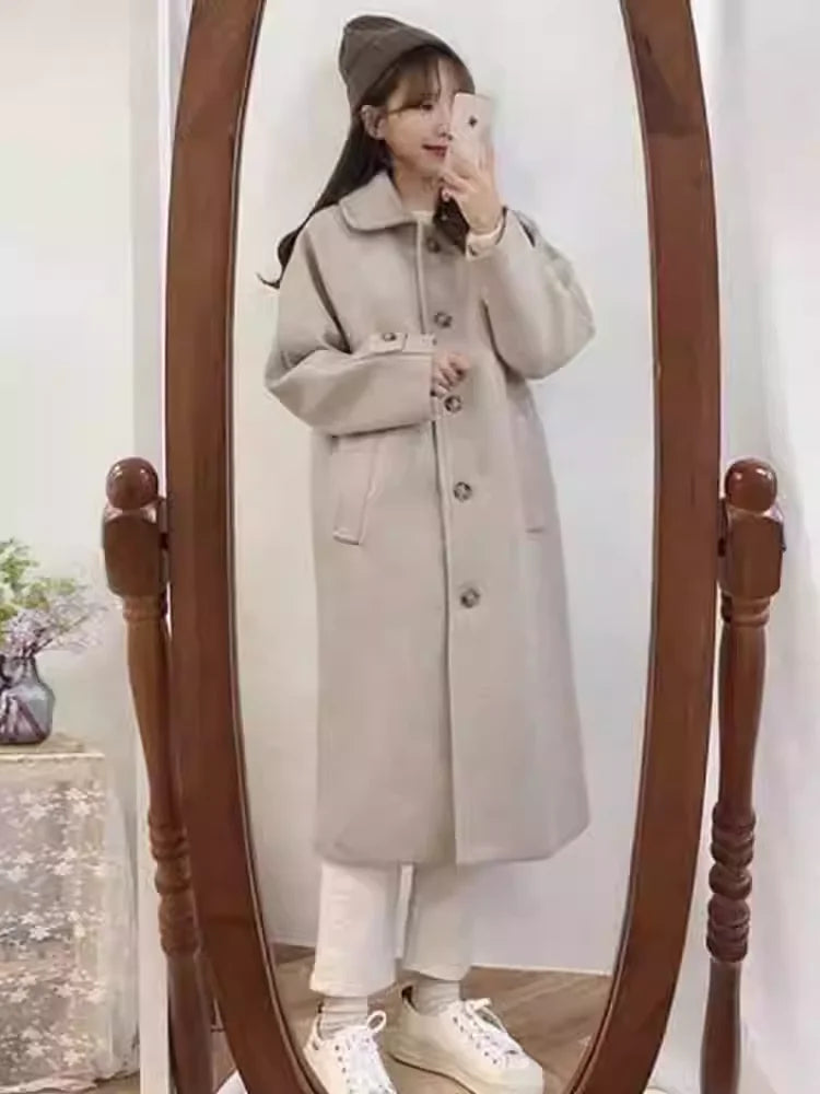 New Korean Fashion Loose Mid length Woolen Coat for Women Autumn and Winter Student Warm Woolen Jackets Women Winter Clothes