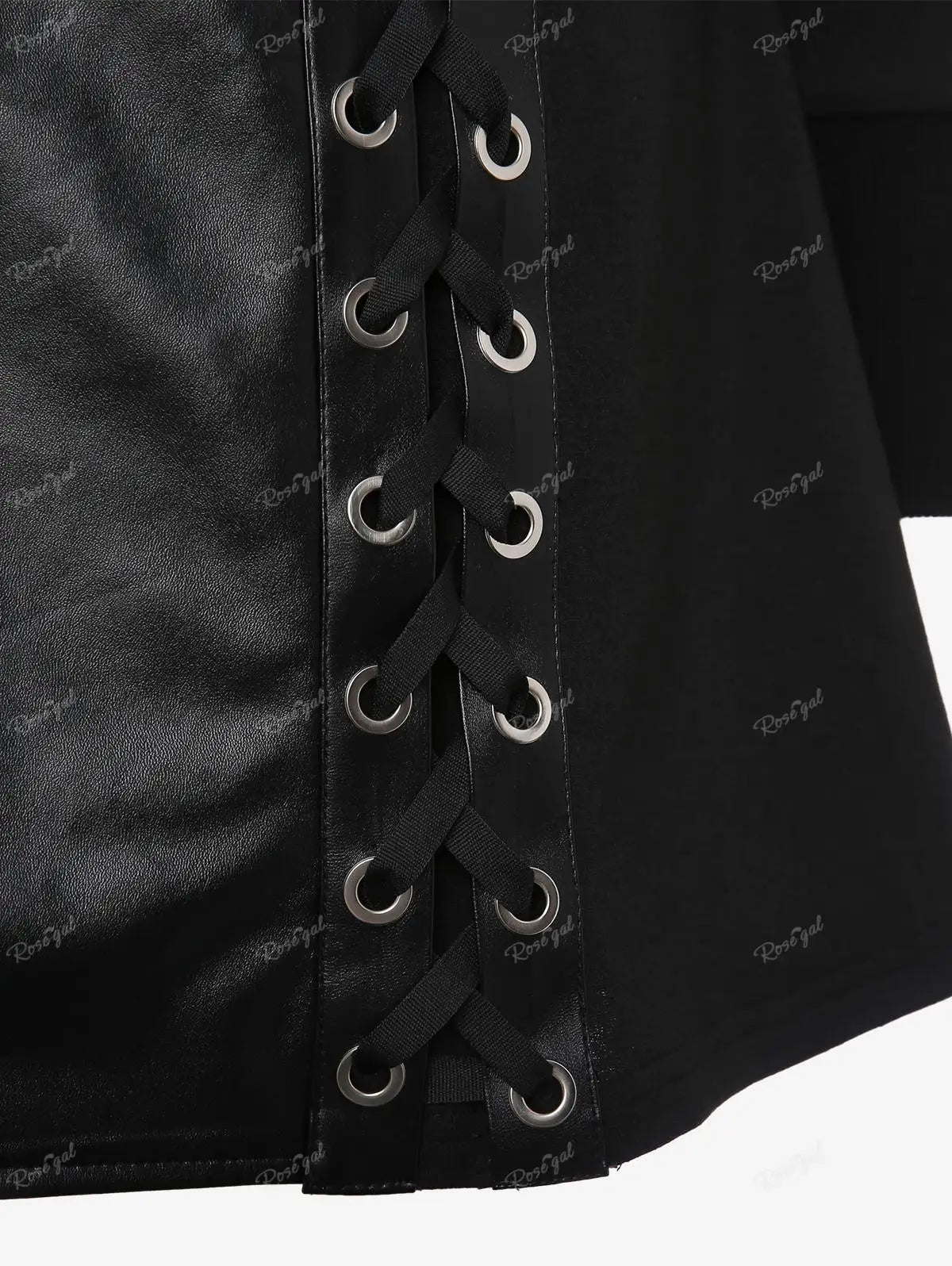 ROSEGAL Plus Size Gothic PU Panel Hooded Coats Black Slim Outwear Turn-down Collar Lace Up Braided Grommet Side Zip Jacket Coat