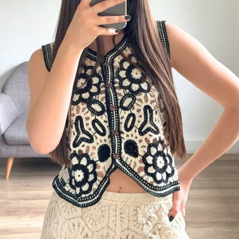 Floral Crochet Vest for Women Sheer Open-knit Flower Button Front Sleeveless Jacket Tank Top Summer Vacation Outfit
