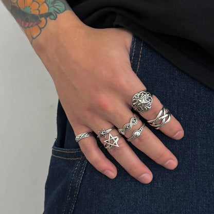 Ingemark 7Pcs/Set Goth Hollow Star Open Rings for Men New Trend Hip Hop Adjustable Finger Rings Grunge Jewelry Steampunk Gift