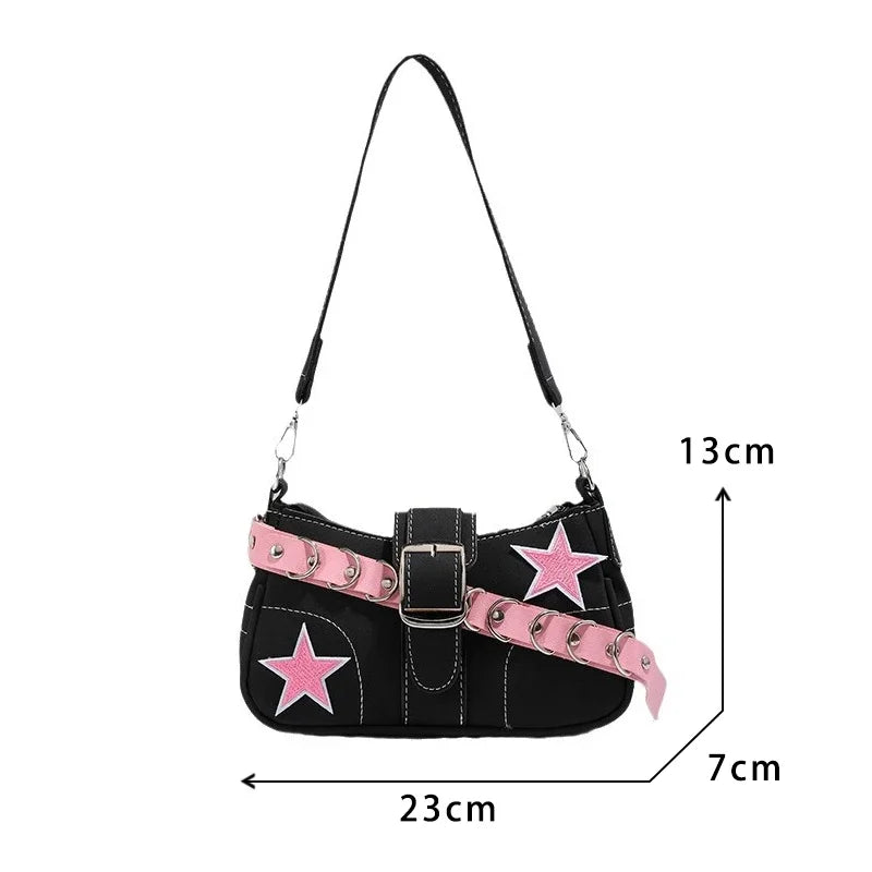 Y2k Fashion Women's Handbags Stars Pattern Cool Girls Underarm Bag Fashion Canvas Female Small Shoulder Bags Chain Tote Purses