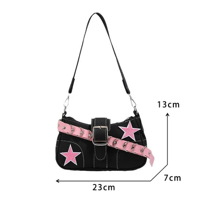 Y2k Fashion Women's Handbags Stars Pattern Cool Girls Underarm Bag Fashion Canvas Female Small Shoulder Bags Chain Tote Purses
