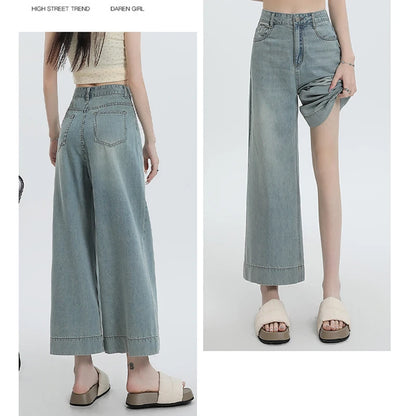 New 2025 Summer Jeans For Women Wide Leg Loose Denim Ankle-Length Pants Korean Fashion Streetwear Washed Blue Color Jeans Woman