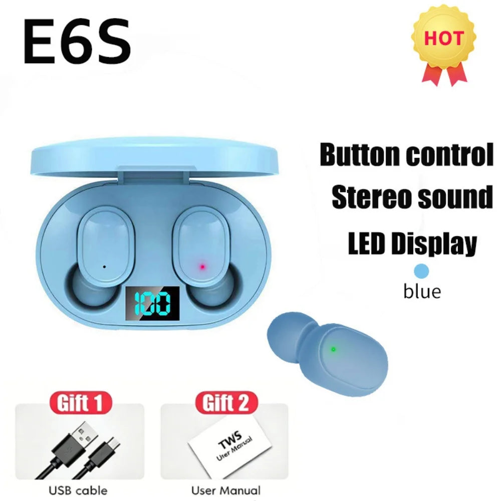E6S TWS Wireless Bluetooth Earphones Digital Display Noise Cancelling Earbuds with Mic HiFi Stereo Sound Headset for Smartphones