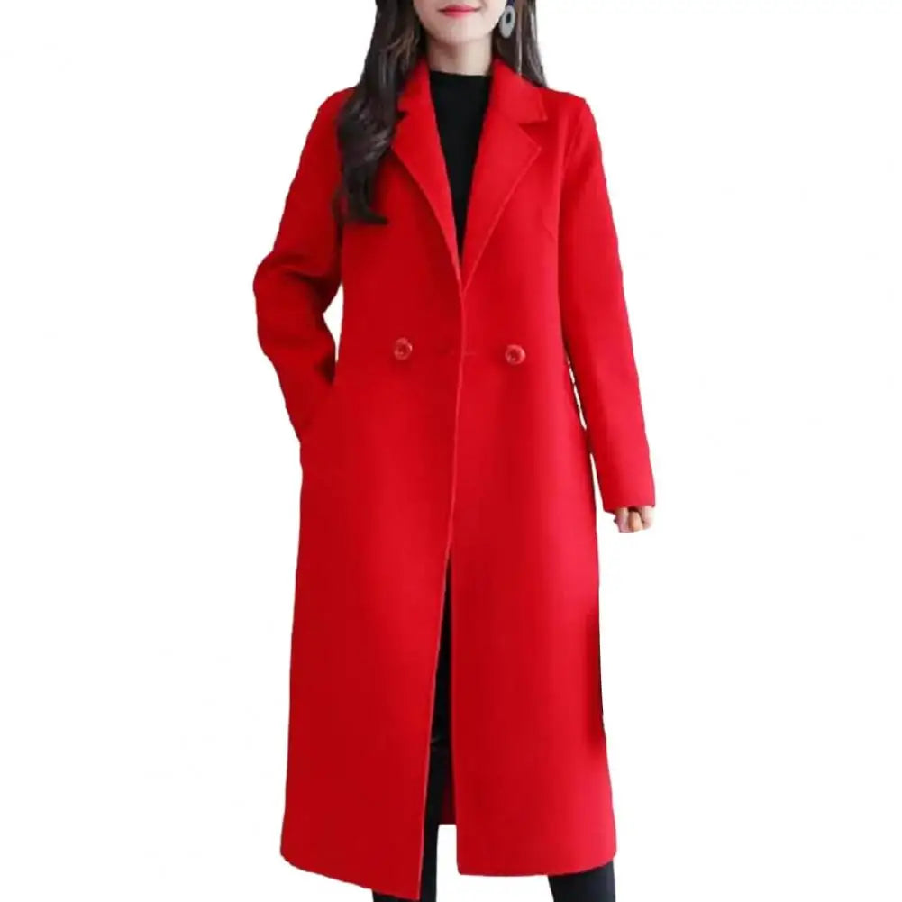 Two Buttons Woolen Coat Stylish Women's Woolen Coat Lapel Long Sleeve Two Buttons Pockets Autumn/winter Mid-length Cardigan