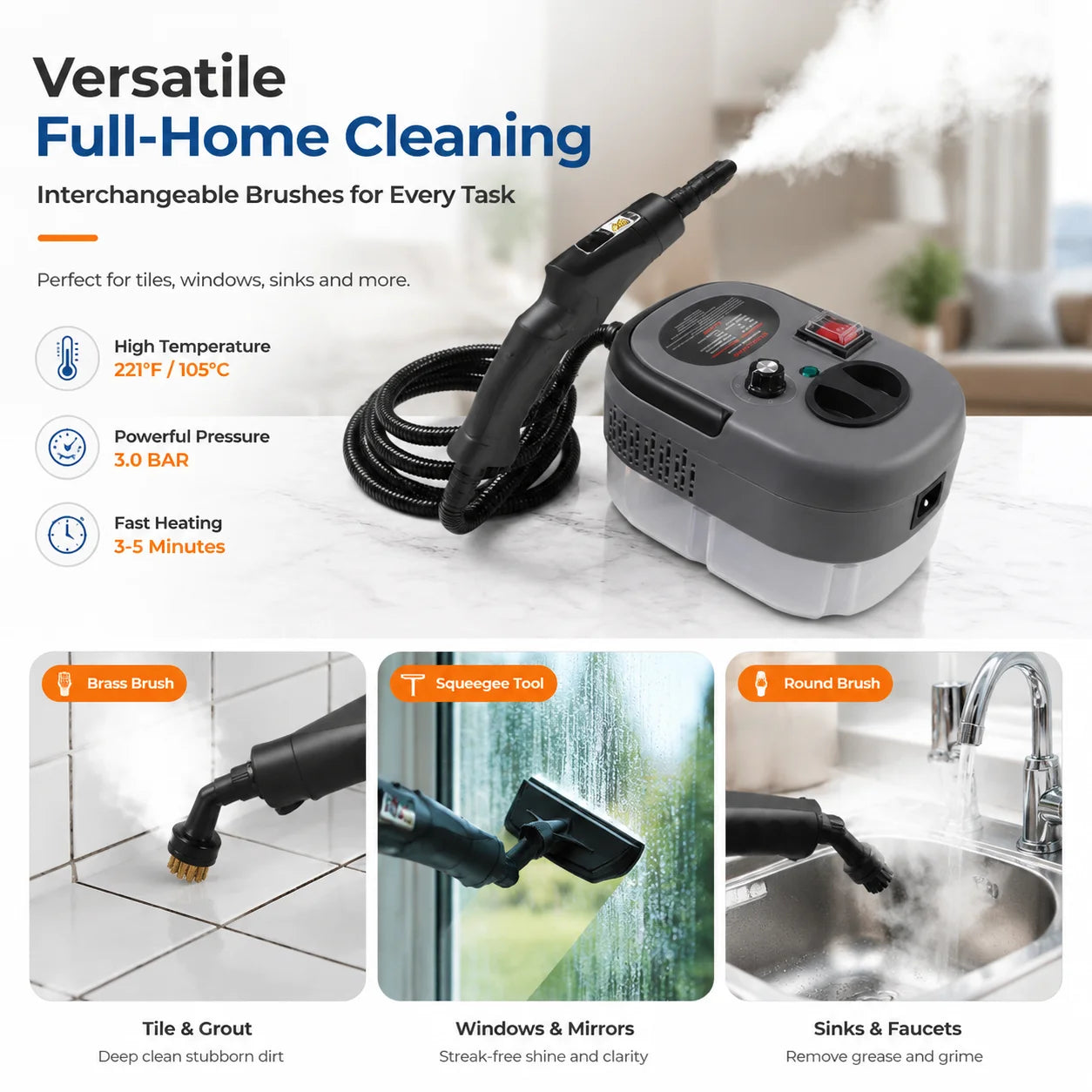 Kitchen Glass Steam Cleaner, Grease Remover, High-Temperature Carpet Sanitizer, Bathroom Bathtub Cleaner Household cleaning tools suitable for disinfecting and cleaning range hoods, air conditioners, and home appliances