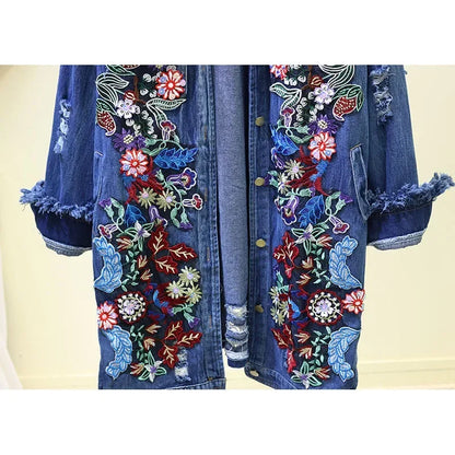 Spring Autumn Loose Vintage Flower Embroidered Denim Jacket Women Single-breasted Casual Raw Fringe Hole Jeans Jackets Female
