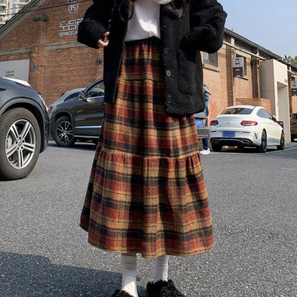 2025 Autumn New Vintage Plaid Skirts Women Woolen Patchwork Pleated A-Line Skirt Korean Fashion Streetwear Long Skirts Woman