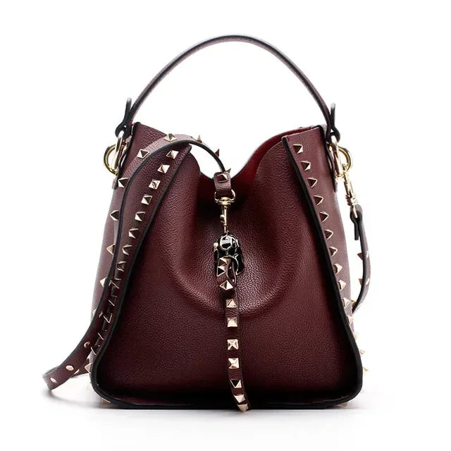 Hot Sale Women's Bucket Bag High Quality Genuine Leather Handbags Ladies Fashion Rivet Shoulder Bag Female Casual Tote 2026
