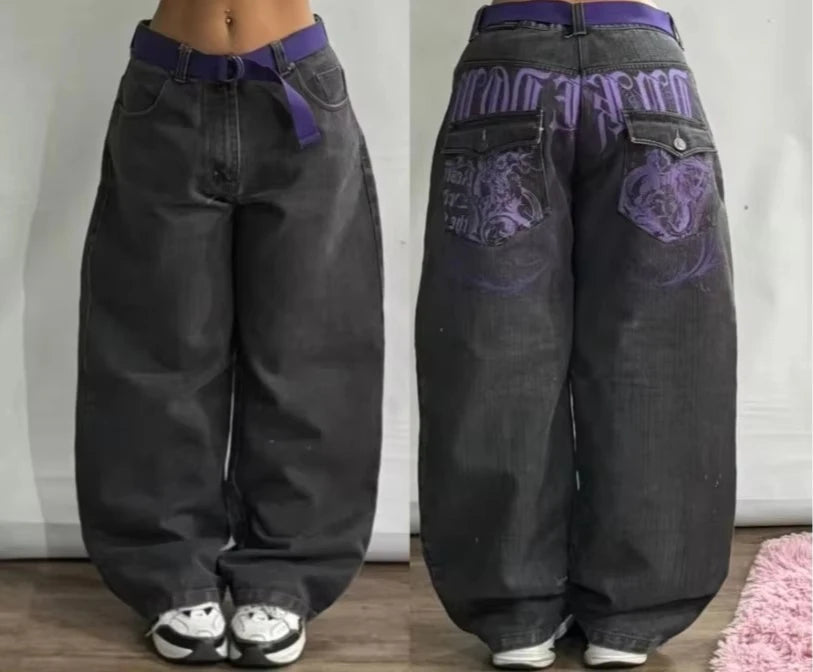 American Washing Embroidery Pattern Printing Machete Jeans Women Y2K New Street Hiphop Handsome Casual Joker Wide-leg Pants