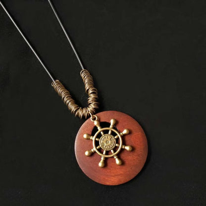 Retro Ethnic Round Wooden Leaf Owl Long Sweater Chain Necklace Women Vintage Clock Pendant Female Jewelry Neck Accessories Gifts