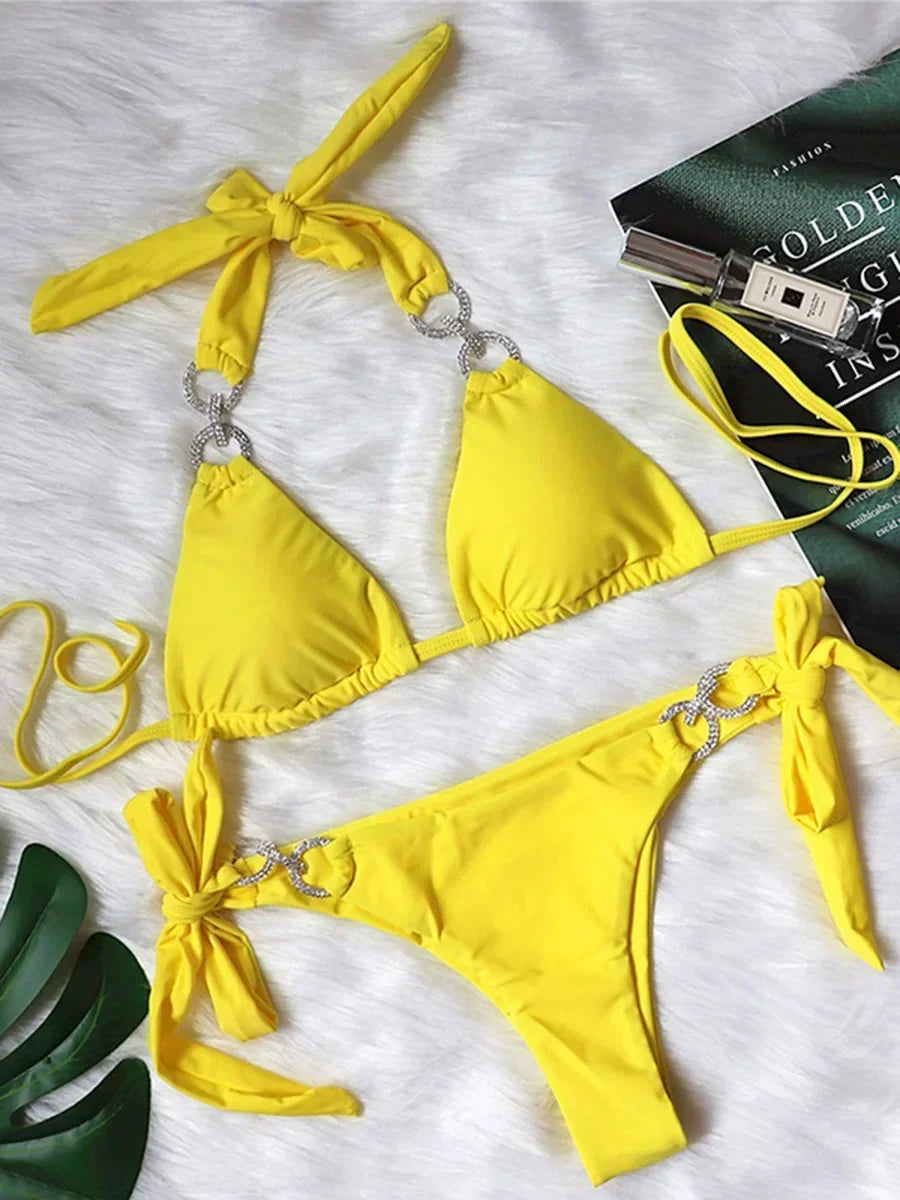 2025 Shiny Rhinestone Diamond Bikini Women Swimsuit Female Swimwear Two Pieces Bikini Set Halter Bathing Suit Swim Beach Wear