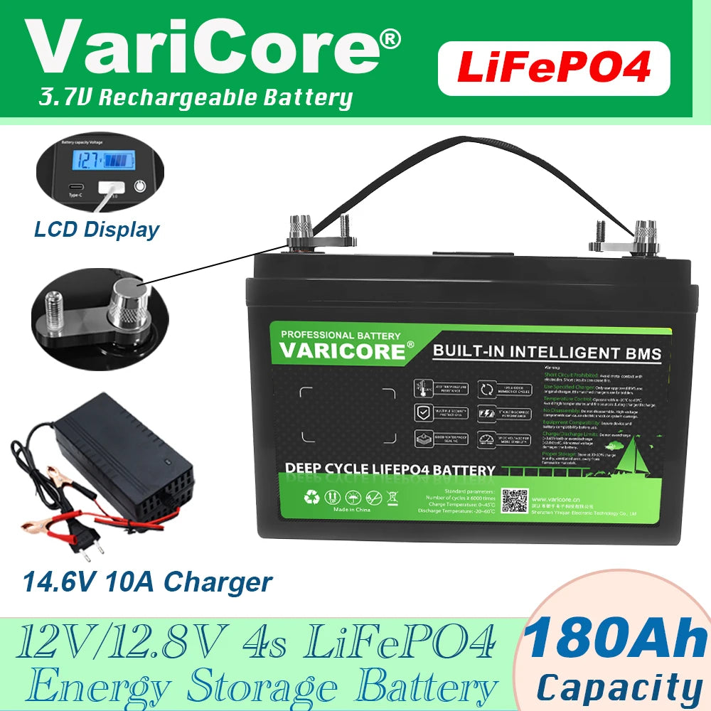 12.8V 180AH LiFePO4 Battery 12V 4s LED Display Lithium Power Batteries for Campers, Golf Cart, Off-Road, Solar & Wind Energy Sto