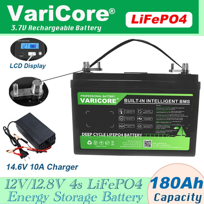 12.8V 180AH LiFePO4 Battery 12V 4s LED Display Lithium Power Batteries for Campers, Golf Cart, Off-Road, Solar & Wind Energy Sto