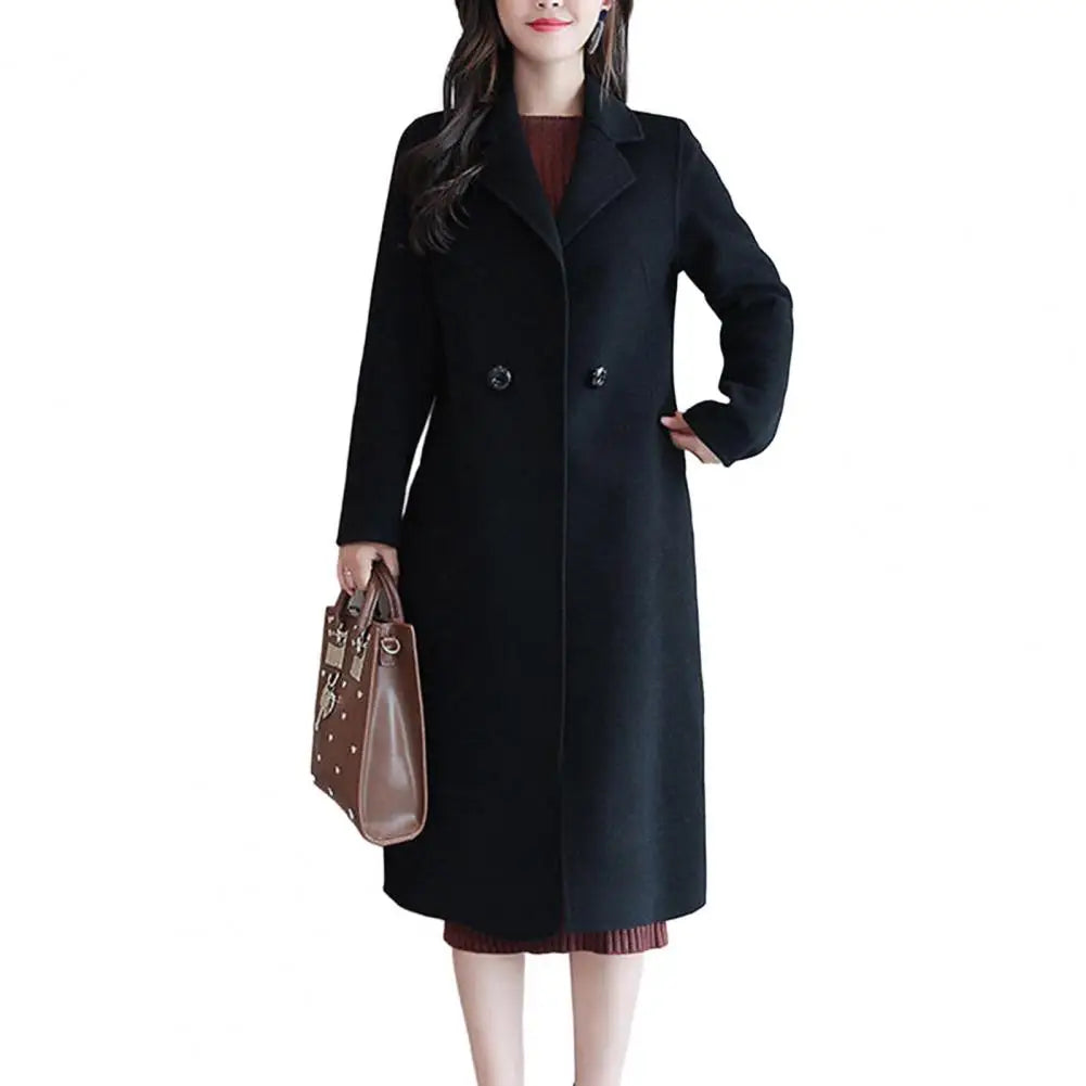 Two Buttons Woolen Coat Stylish Women's Woolen Coat Lapel Long Sleeve Two Buttons Pockets Autumn/winter Mid-length Cardigan