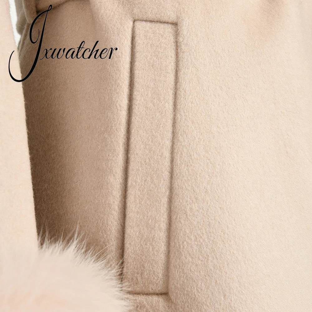 Jxwatcher Winter Cashmere Coat For Women Removable Natural Fox Fur Collar And Cuff Aautumn Ladies Fashion Streewear Long Outwear