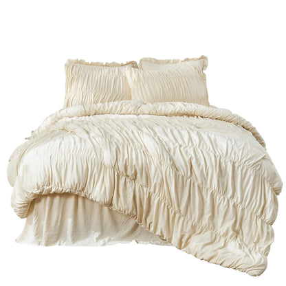 Ruched Comforter Luxury Pinch Pleat Bedding Set, Ultra Soft Washed Cotton Boho Quilt Set with Ruffled Pillow Shams 3-Piece