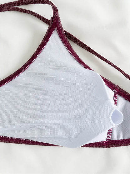 Shiny Bikini Claret Sling Swimsuit Bandage Backless High Waist Swimwear Punk Push Up Beach Outfit Women Bathing Suit Bikinis Set