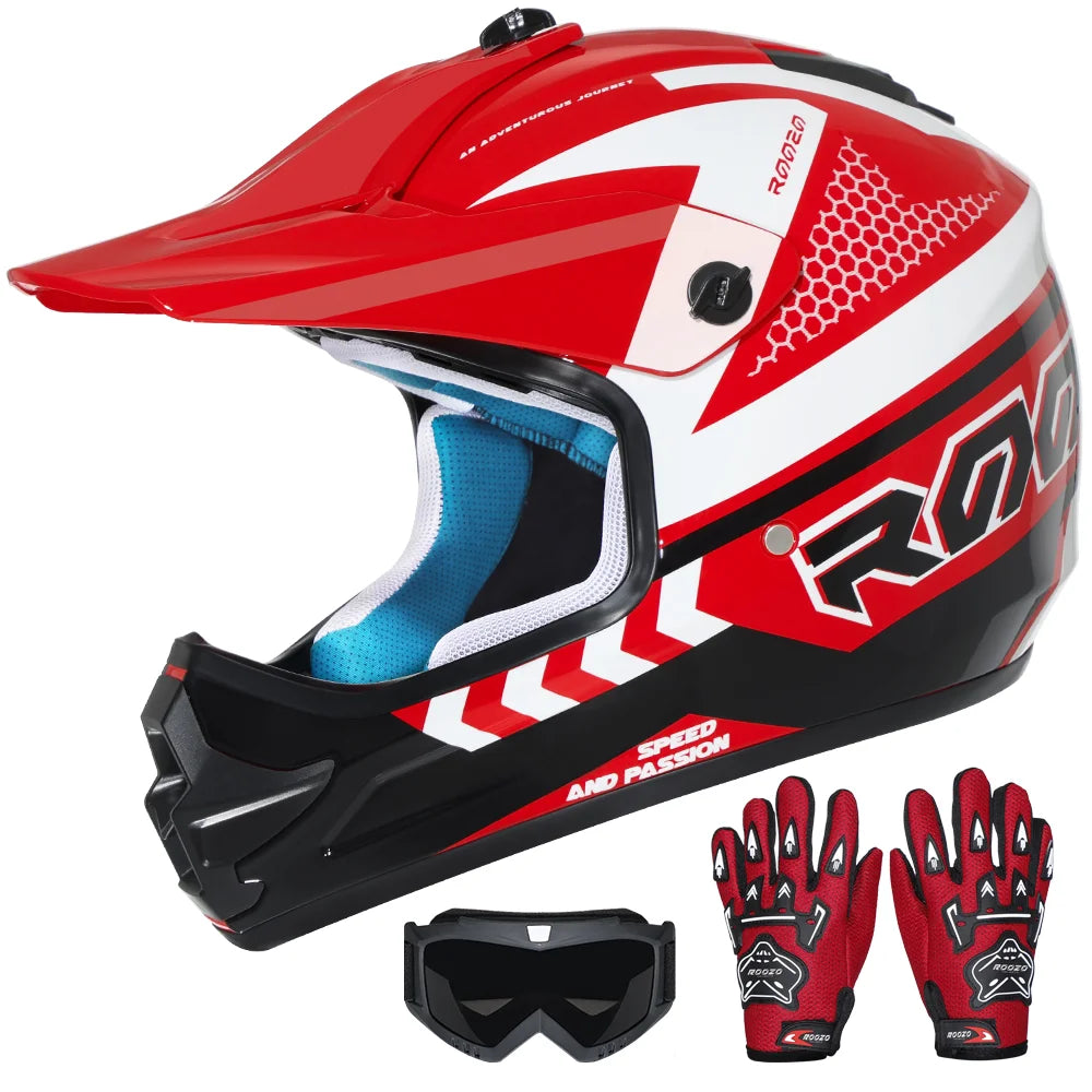 Kids Motocross Helmet with Motocross Goggles and Gloves Child Motorcycle Off-Road Helmets for Dirt Bikes ATVs Quads