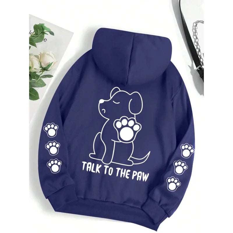 Talk To The Paw Funny Dog Cartoon Print Hoodie Women Warm Fleece Hoody Fashion Casual Hooded Autumn Loose Round Neck Woman Tops