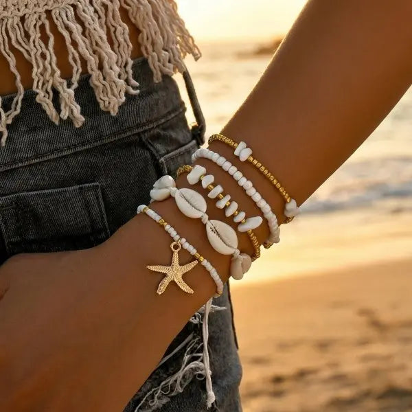 Cute Coral Starfish Shell Multi-Layer Bracelet for Women Ocean Series Fashion Stackable Beaded Jewelry Accessories