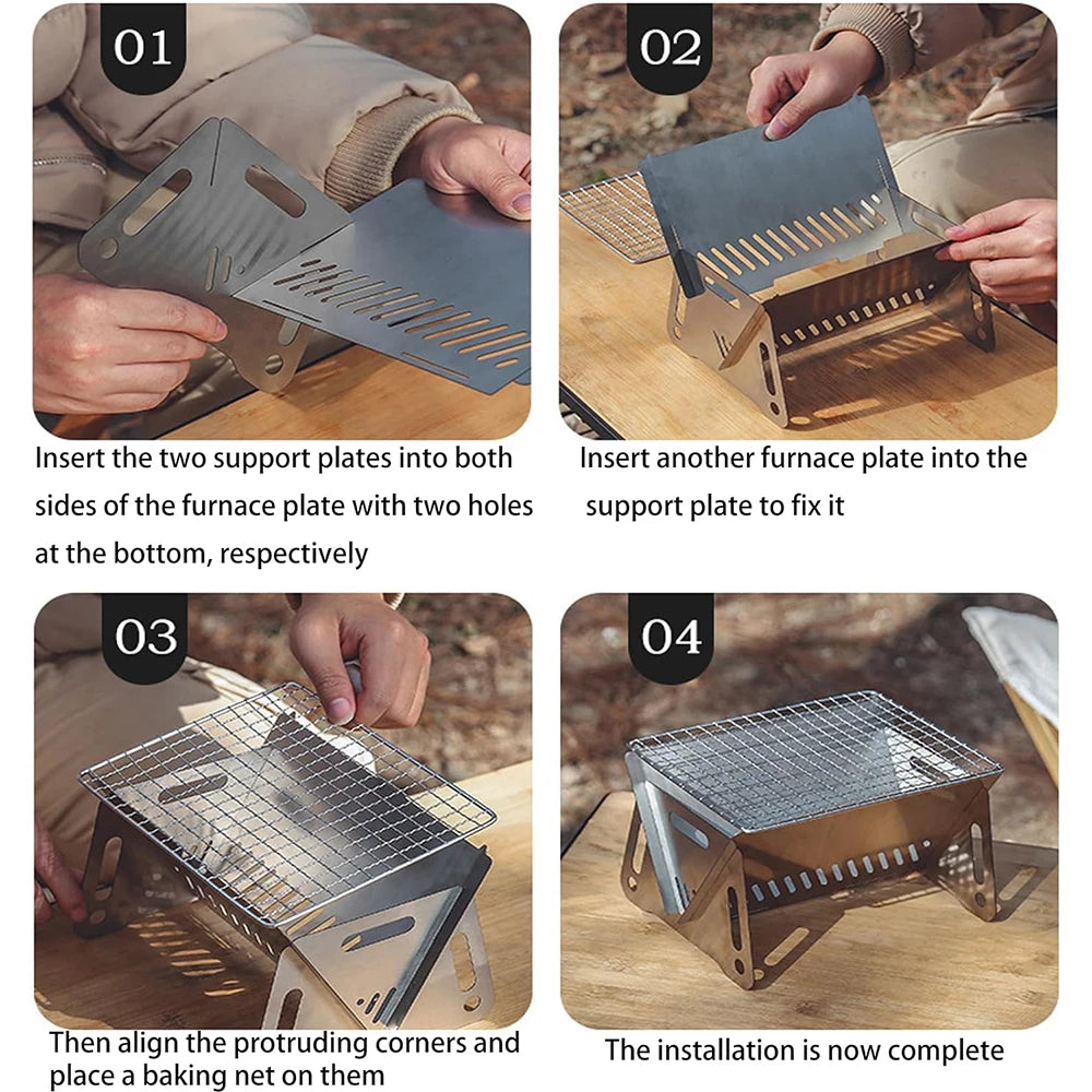 Mini Backpacking Stove Portable Folding Barbecue Grill with Grill-Grid Stainless Steel Camp Stove for Outdoor