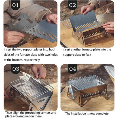 Mini Backpacking Stove Portable Folding Barbecue Grill with Grill-Grid Stainless Steel Camp Stove for Outdoor