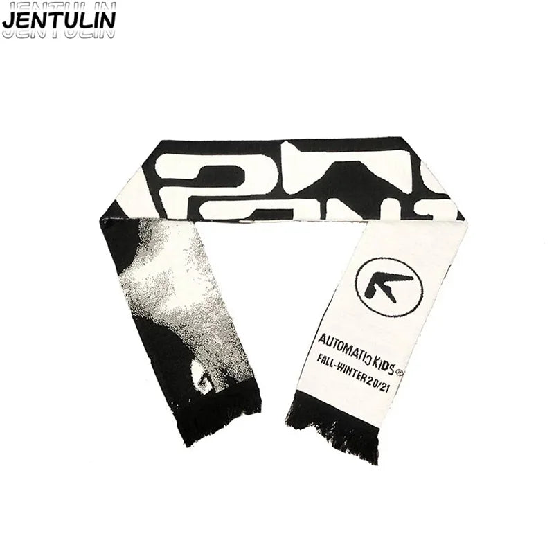 Y2K Aphex Twin creative hip-hop knit scarves warm Pullover oversize men's Streetwear scarves winter scarves apron black tassels