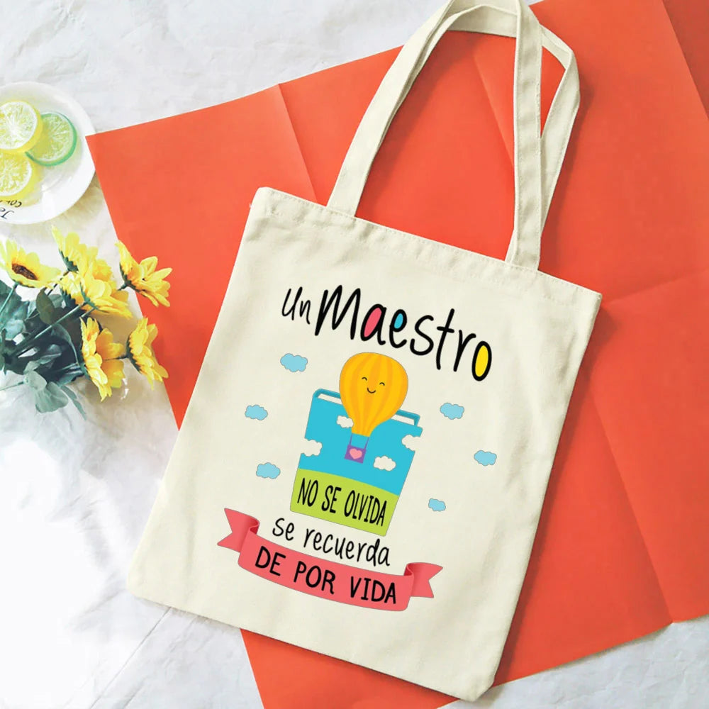 Spanish Printed Women Tote Bag Canvas Shopping Bags Female Travel Shoulder Bag Casual Handbag Graduation Thanks Gift for Teacher