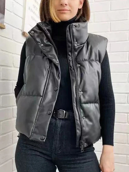 Autumn Winter PU Leather Coat Women Black Stand Collar Vests Women Fashion Zipper Elegant Short Vests Female Ladies