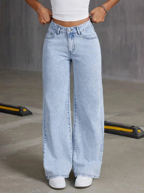 Loose Straight Leg Wide Leg Jeans Casual Sle l Waist Folded Fabric Stand Edition Slight Elastici Pure Color Wome...