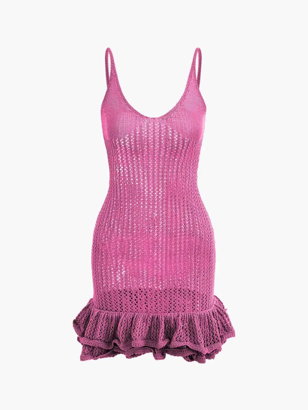 Open Knit Ruffle Hem Cami Mini Dress Crochet Knit Dresses Sleeveless Cover Up Dress Summer Party Female Soild Crochet Dress