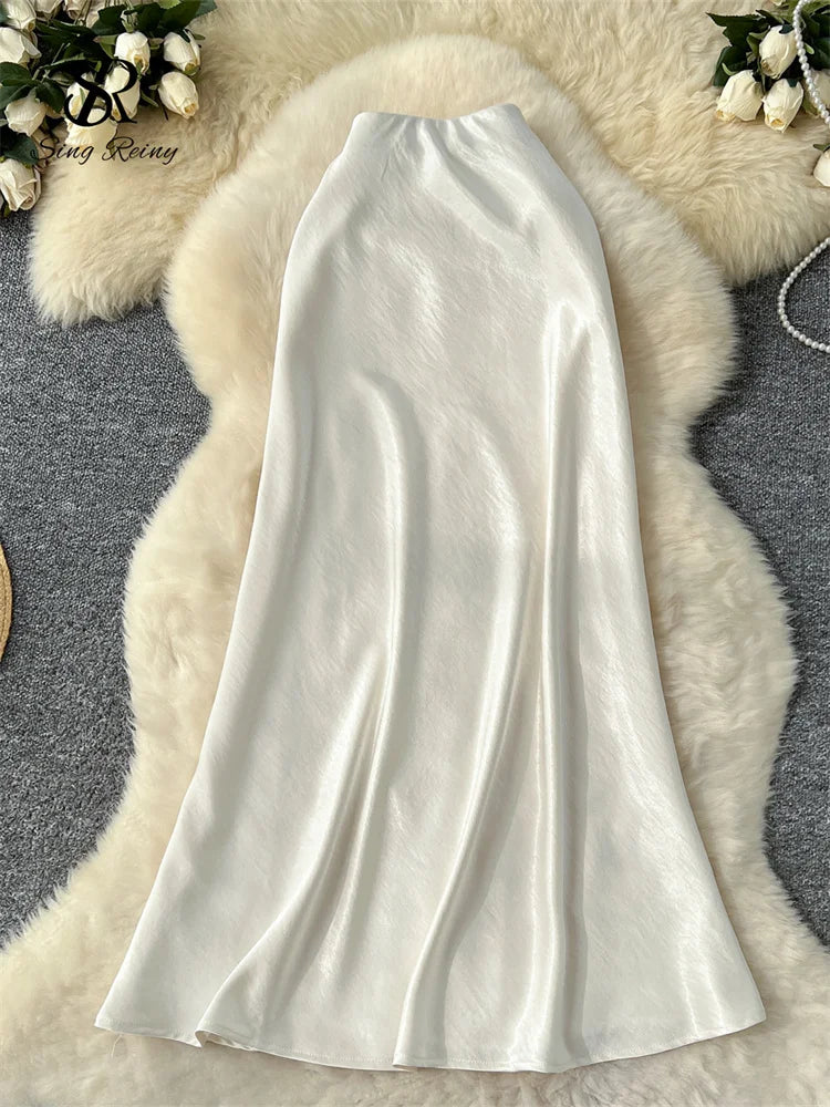 SINGREINY Senior Solid Satin Skirt Elastic Waist 2025 Newest Frence Elegant Women Fashion Basics Office Lady Skinny Midi Skirt