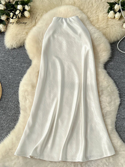 SINGREINY Senior Solid Satin Skirt Elastic Waist 2025 Newest Frence Elegant Women Fashion Basics Office Lady Skinny Midi Skirt