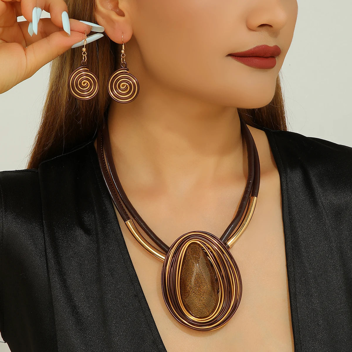 Trendy Fashion Resin Gems Aluminum Wire Woven Water Drop Pendant Necklace Earring Jewelry Set For Women Party Accessories