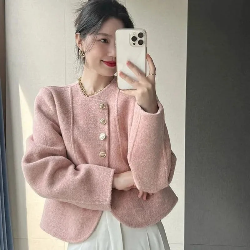 Women's New Round Neck Single-breasted Double-sided Tweed Coat Fashionable Casual and Versatile Elegant Top