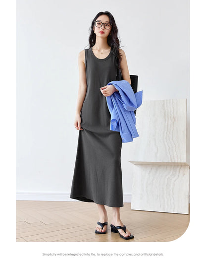 VIMLY Summer Tank Dresses 2025 Woman Simple Gray Cotton Blend Knitted Loose Sleeveless A Line Long Dress Women's Clothing M9852