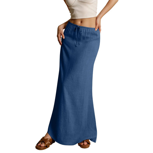 Women Summer Cotton Linen A Line Skirts Elastic Waist Drawstring Comfy Trendy Long Skirt Boho Beach Vacation Long Skirt