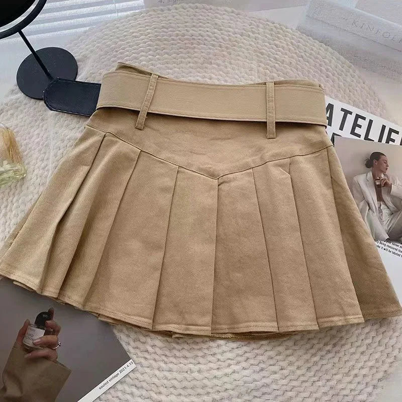 Xpqbb Summer Pleated Skirt Women Korean Fashion with Belt Mini Skirts Girl Kawaii High Waist School Uniform A-Line Short Skirts