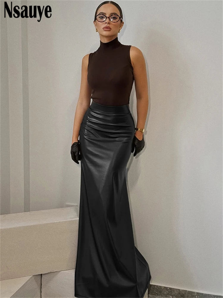 Nsauye Fashion Elegant PU Leather Long Package Skirts High Waisted Maxi Y2K Sexy Women Wrap Skirt Vintage Clothes 2025 Autumn