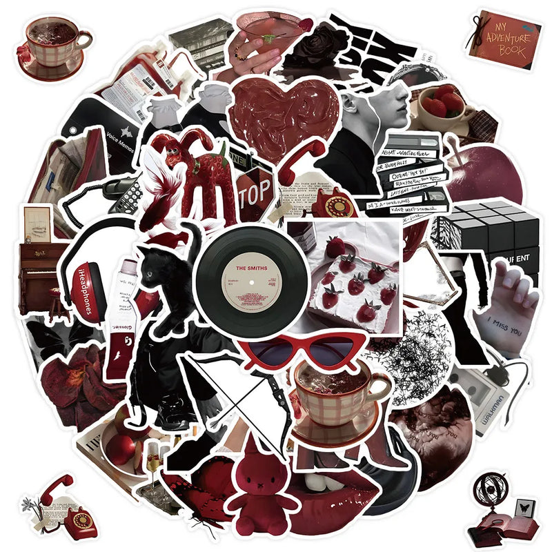 50 Pieces Red & Black Themed Stickers - Decorative Decals for Journals, Phone Cases & Laptops BulingBulingStickers Store