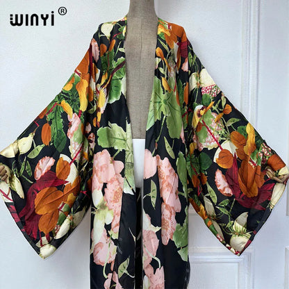2024 WINYI Summer print Beach Wear Swim Suit elegant Africa women boho Cardigan sexy Holiday long Sleeve Kimono fashion abaya