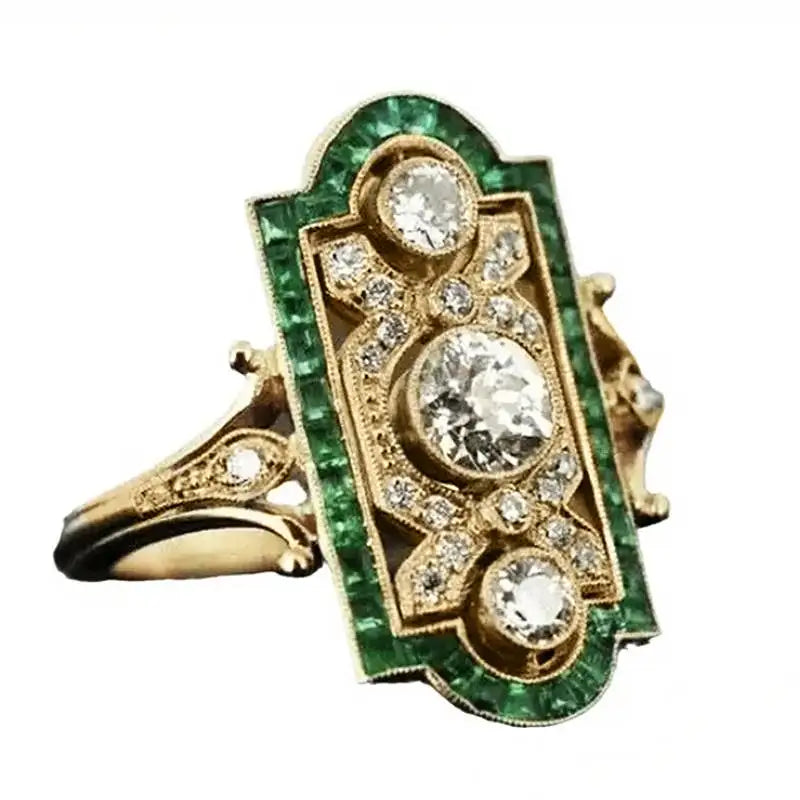 Huitan Vintage Women Ring Unique Design Party Daily Gorgeous Accessories Inlaid Bright White/Green Cubic Zirconia Chic Jewelry