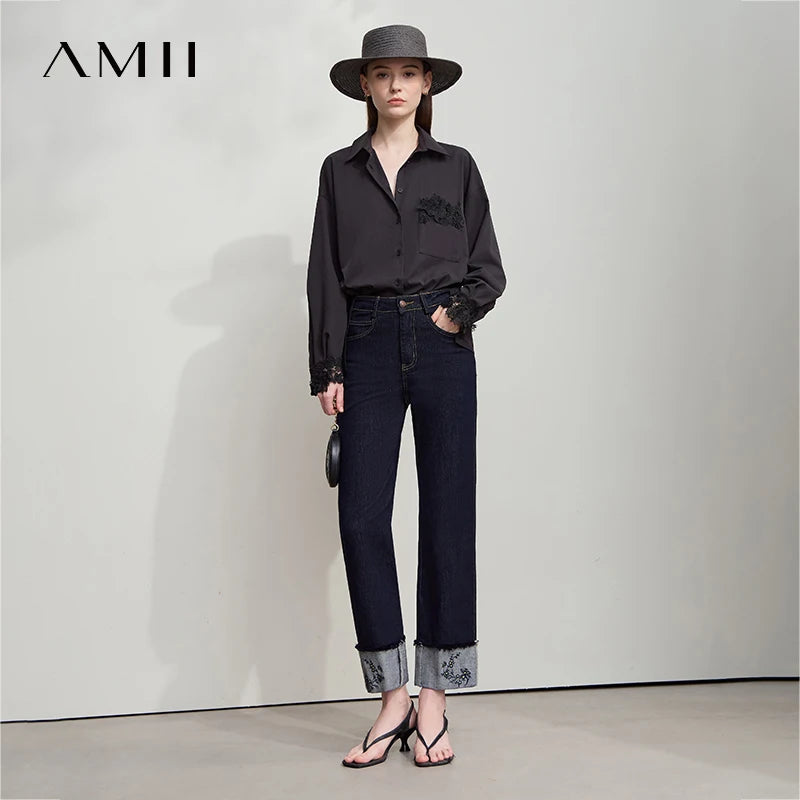 AMII Jeans Pants Women 2025 Autumn New Elegant Ladies Clothes Casual Loose Straight Embroidery Women's Denim Pants 12543032