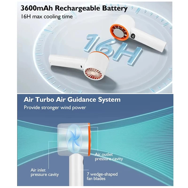 Portable Handheld Fan 120 Wind Speeds Mini Bladeless Hand Fan USB Rechargeable Highspeed Fans Camping Electric Fans Air Cooler
