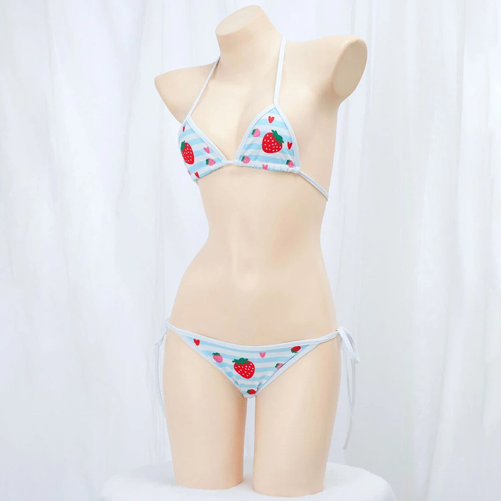 Cute Bikini Swimwear Women 2025 Strawberry Print Girl Lace Up Bathing Suit Low Waist Mini Bikinis Sets Beach Swimsuit