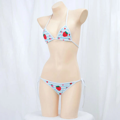 Cute Bikini Swimwear Women 2025 Strawberry Print Girl Lace Up Bathing Suit Low Waist Mini Bikinis Sets Beach Swimsuit