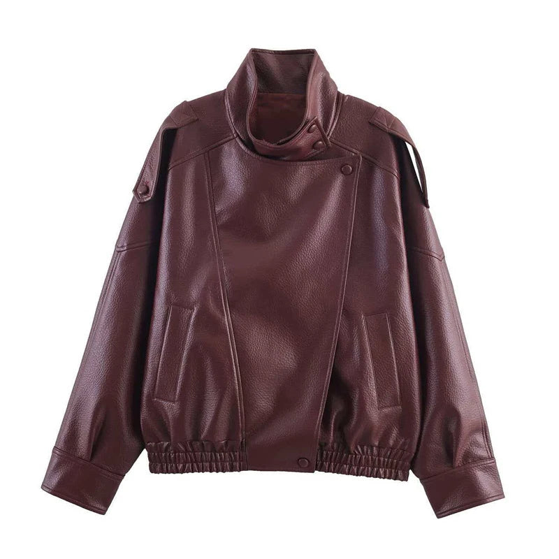 Vintage Stand Neck Leather Jacket Women Solid Motorcycle Style Asymmetry Elastic Hem Loose Cropped Jackets Lady New Outwear 2026